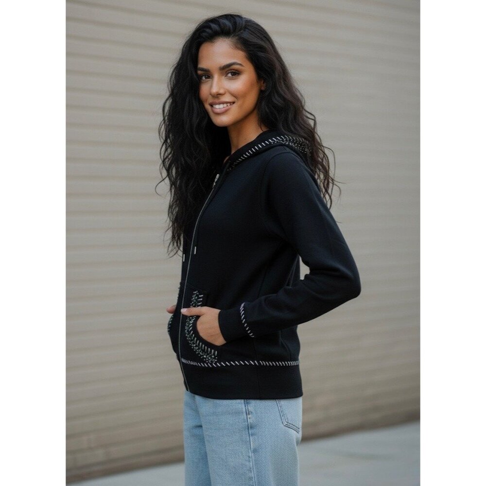 Vtg 90s Black Embroidered Sequin Beaded Zip Up Hoodie | Y2K Skater Grunge Retro - Picture 11 of 16